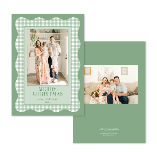 Straight Edge Wavy Green Gingham Christmas Card in Portrait