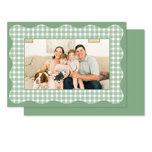 Straight Edge Wavy Green Gingham Christmas Card in Landscape