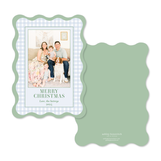 Wavy Edge Blue Gingham Christmas Card in Portrait