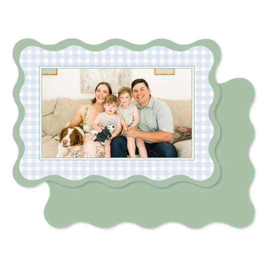 Wavy Edge Blue Gingham Christmas Card in Landscape