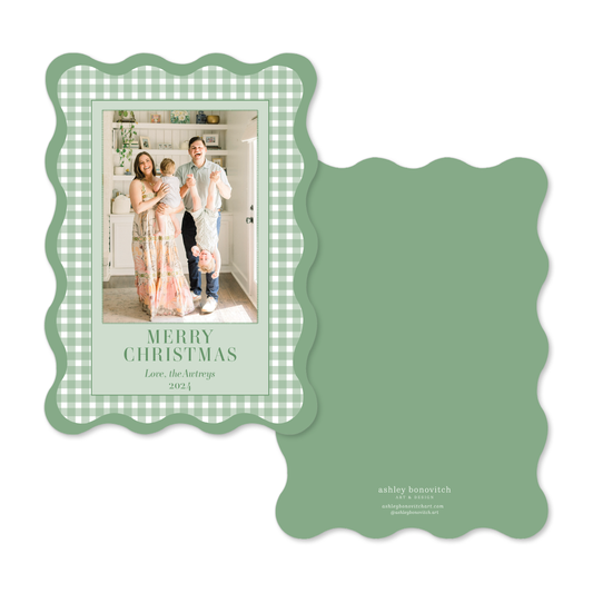 Wavy Edge Green Gingham Christmas Card in Portrait