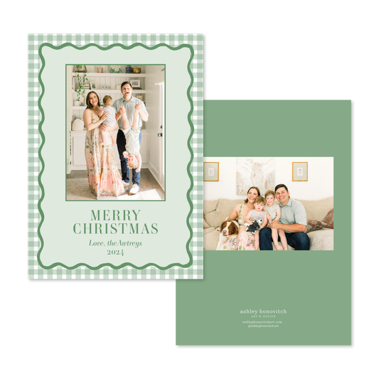 Wavy Green Gingham Border Christmas Card in Portrait