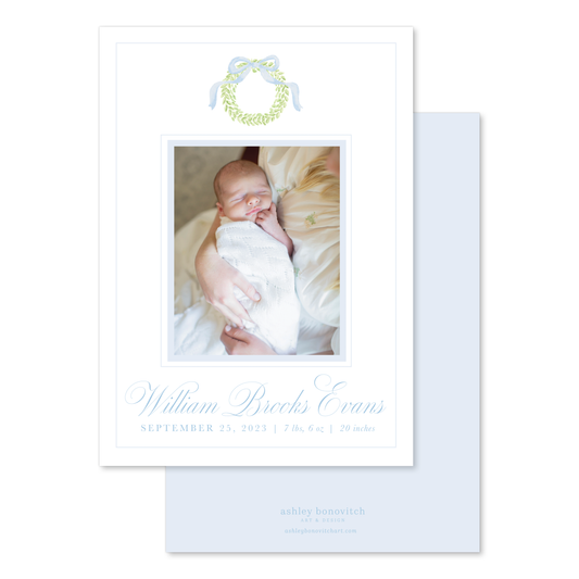 Wreath Christmas Birth Announcement in Blue - Portrait