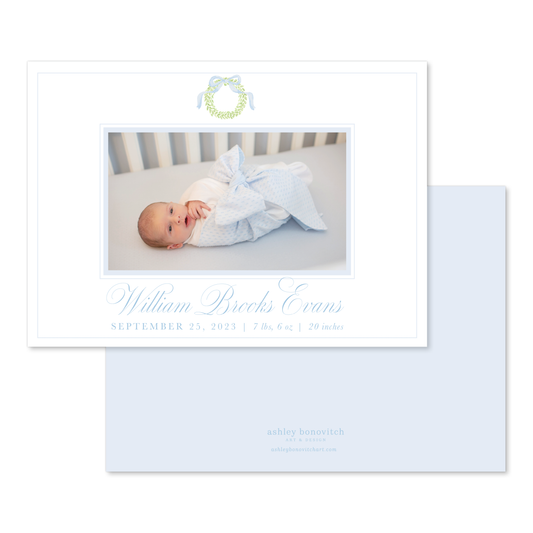 Wreath Christmas Birth Announcement in Blue - Landscape