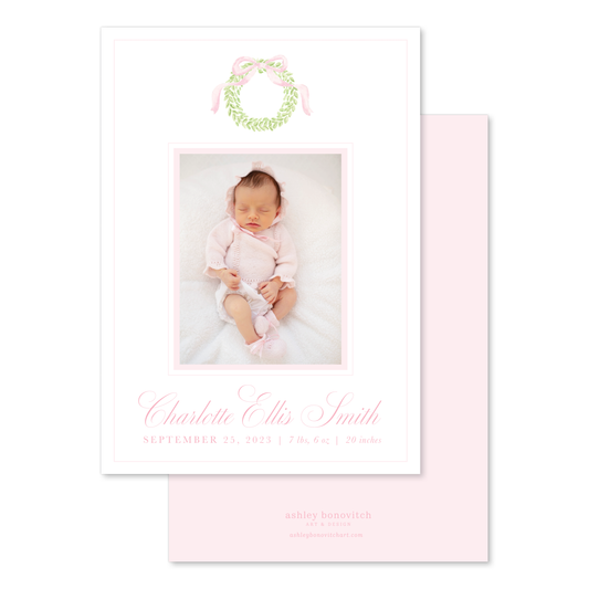 Wreath Christmas Birth Announcement in Pink - Portrait