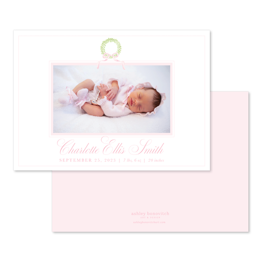 Wreath Christmas Birth Announcement in Pink - Landscape