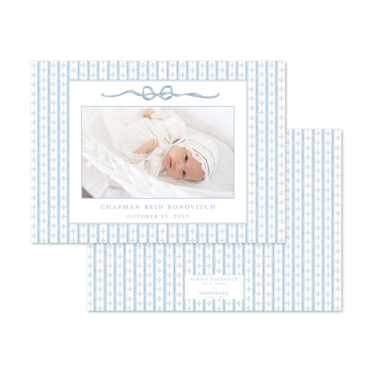 Blue Ticking Stripe Birth Announcement with Bow Landscape - Ashley Bonovitch Art + Design x Namesake Celebrations