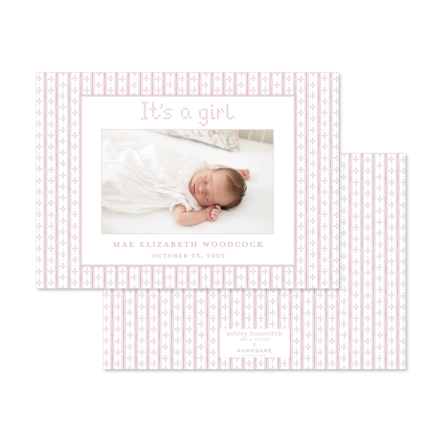 Pink Ticking Stripe Birth Announcement with "It's A Girl" Landscape - Ashley Bonovitch Art + Design x Namesake Celebrations