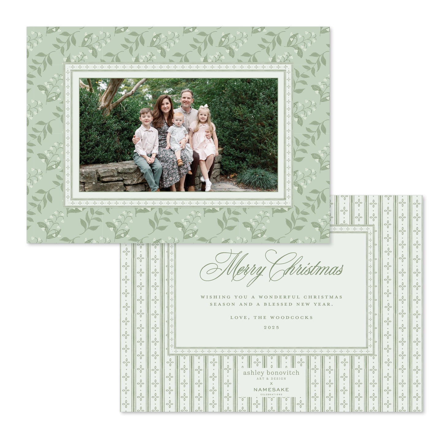 Lily Of the Valley with Ticking Stripe Christmas Card Landscape- Ashley Bonovitch Art + Design x Namesake Celebrations
