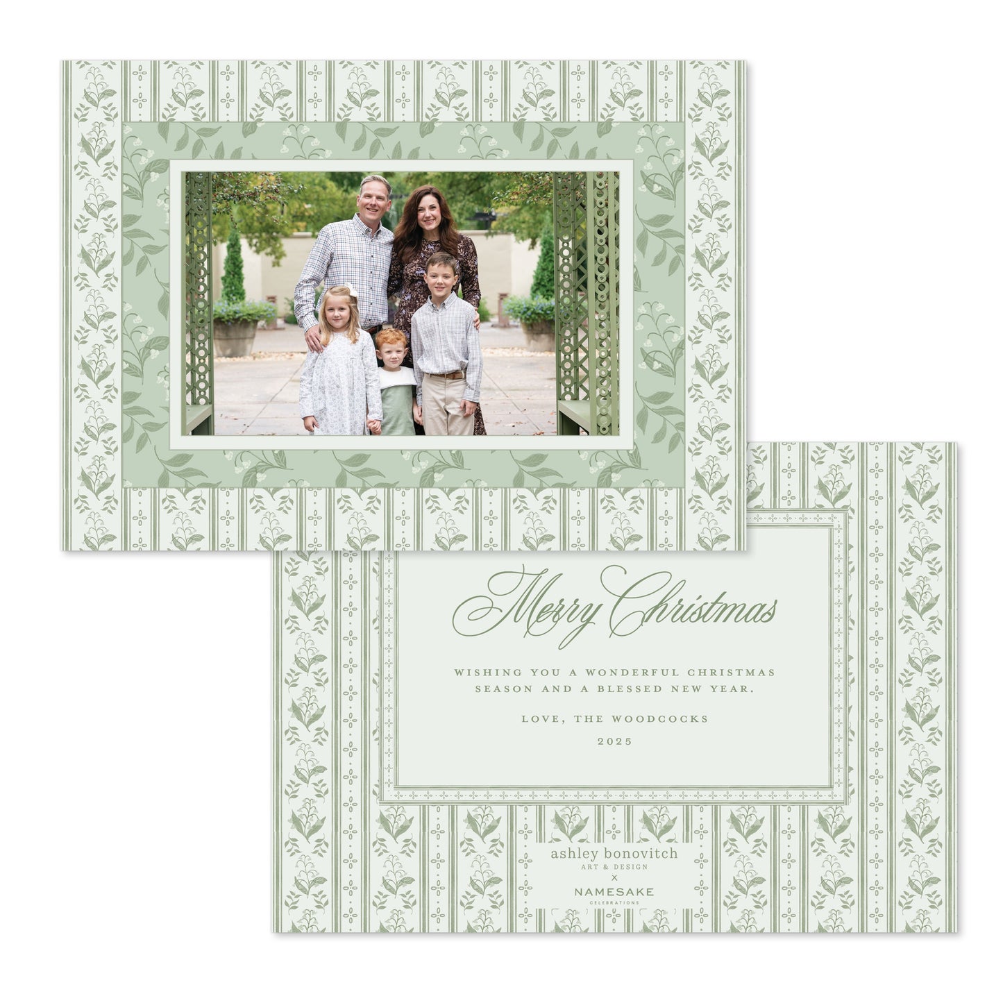 Ticking Stripe With Lily Of the Valley Christmas Card Landscape - Ashley Bonovitch Art + Design x Namesake Celebrations