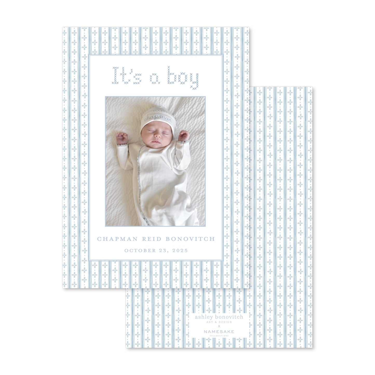 Blue Ticking Stripe Birth Announcement with "It's A Boy" Portrait - Ashley Bonovitch Art + Design x Namesake Celebrations