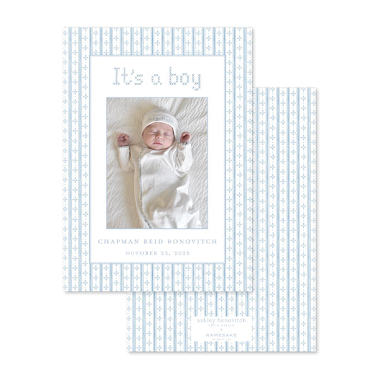 Blue Ticking Stripe Birth Announcement with "It's A Boy" Portrait - Ashley Bonovitch Art + Design x Namesake Celebrations