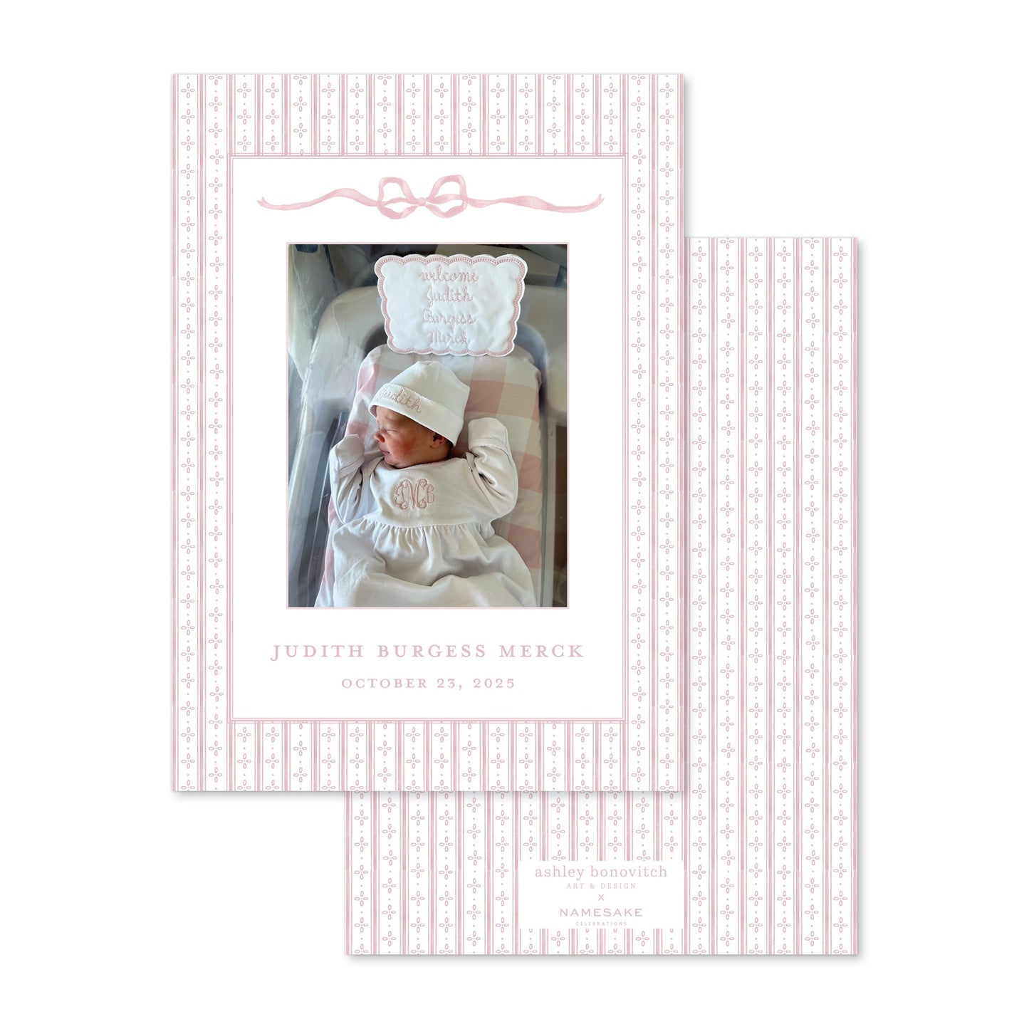 Pink Ticking Stripe Birth Announcement with Bow Portrait - Ashley Bonovitch Art + Design x Namesake Celebrations
