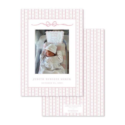 Pink Ticking Stripe Birth Announcement with Bow Portrait - Ashley Bonovitch Art + Design x Namesake Celebrations