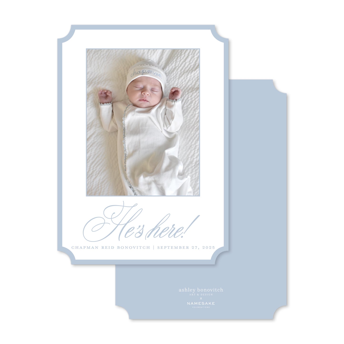 Simple Script Birth Announcement in Blue - Ashley Bonovitch Art + Design x Namesake Celebrations