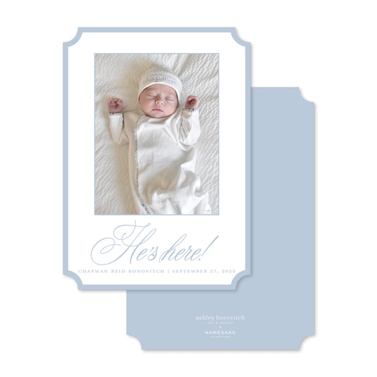 Simple Script Birth Announcement in Blue - Ashley Bonovitch Art + Design x Namesake Celebrations