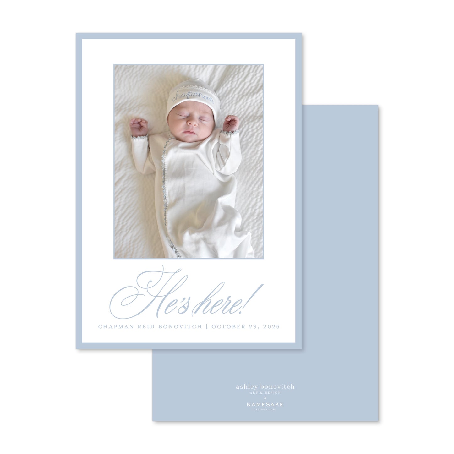 Simple Script Birth Announcement in Blue - Ashley Bonovitch Art + Design x Namesake Celebrations