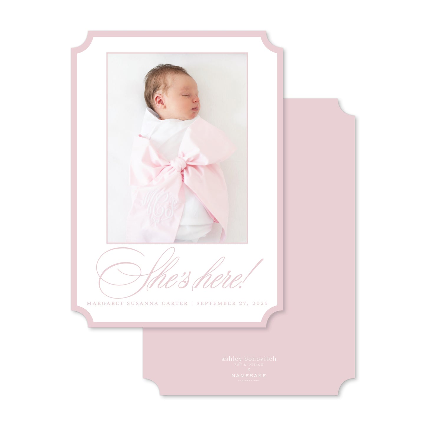 Simple Script Birth Announcement in Pink - Ashley Bonovitch Art + Design x Namesake Celebrations