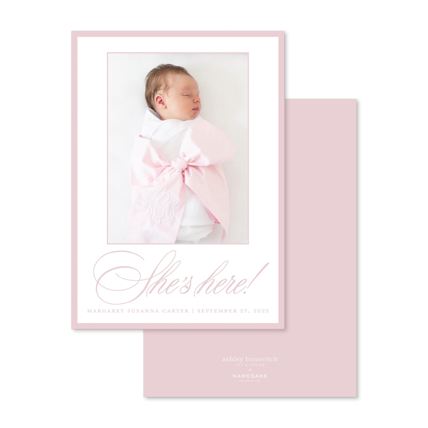 Simple Script Birth Announcement in Pink - Ashley Bonovitch Art + Design x Namesake Celebrations